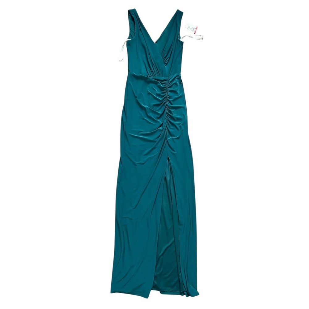 David's Bridal Juniper V-Neck Ruched Green Formal Dress Gown with‎ Slit Size 0